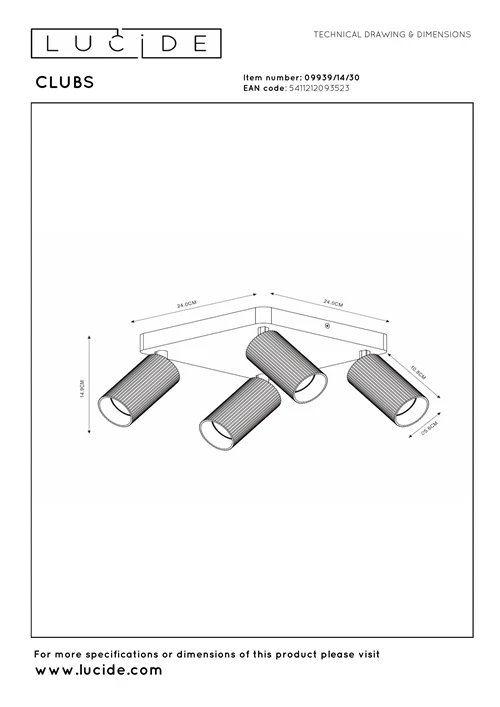 Lucide CLUBS - Plafondspot - 4xGU10 - Zwart - technisch